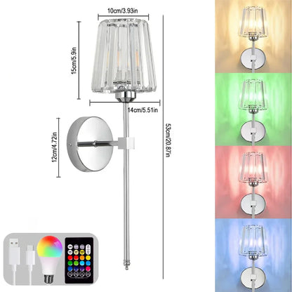 Wall-mounted light fixture with dimensions and color-changing bulb display.