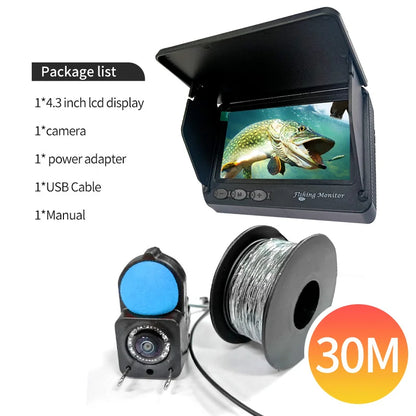 Fishing camera system with 4.3-inch LCD display, camera, power adapter, USB cable, and manual on a white background.