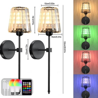 Wall-mounted light fixture with color-changing bulbs and remote control, showing dimensions and color options.