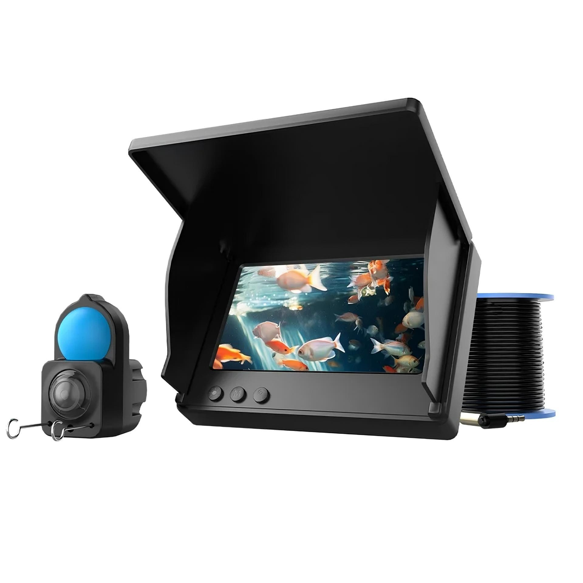 Fishfinder with screen displaying underwater view of fish, remote control, and cable on a white background