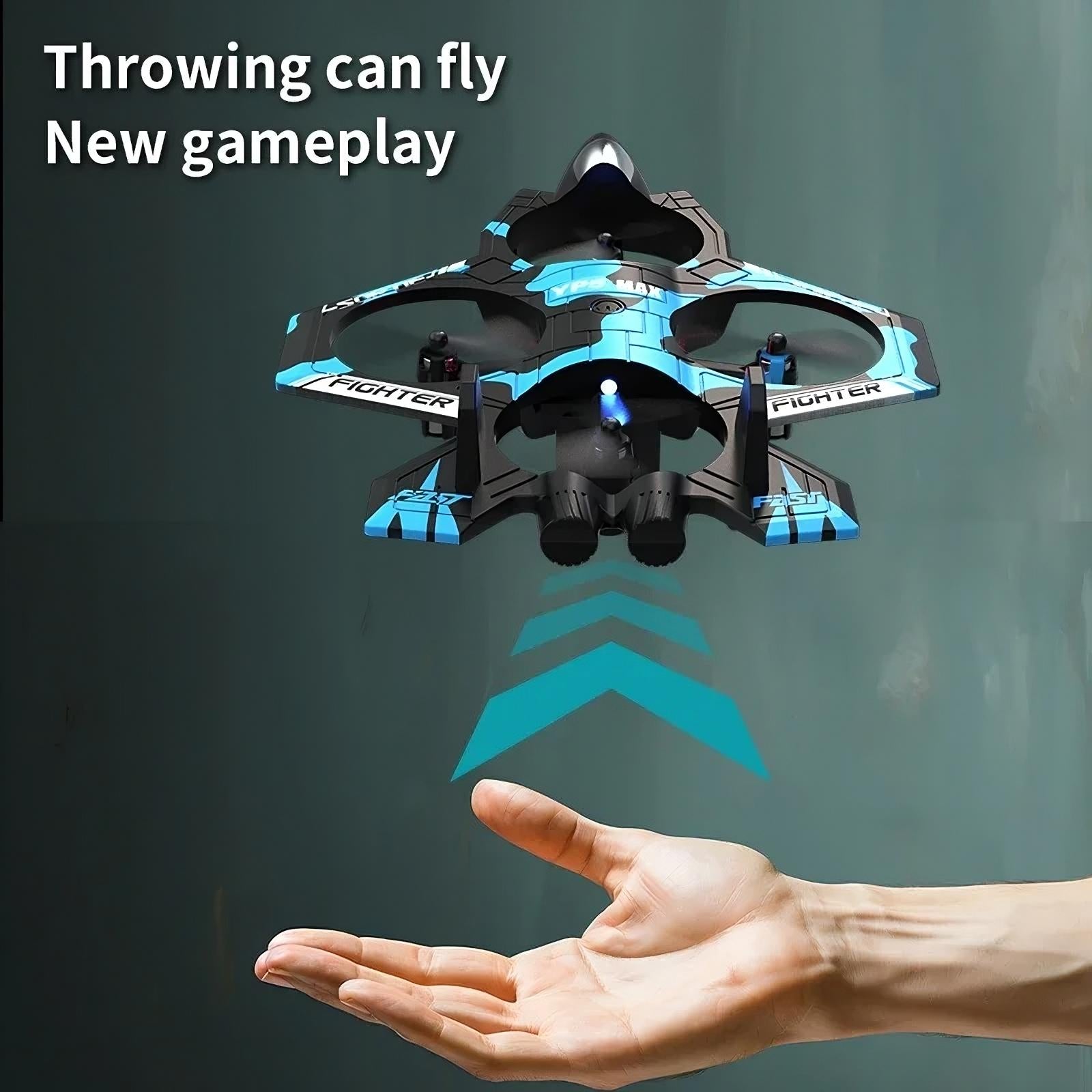 Toy drone being thrown into the air with text 'Throwing can fly New gameplay' on a dark background