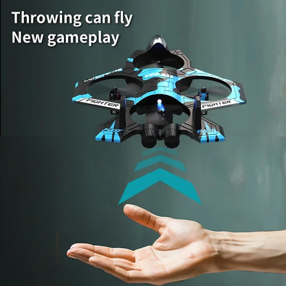 Toy drone being thrown into the air with text 'Throwing can fly New gameplay' on a dark background