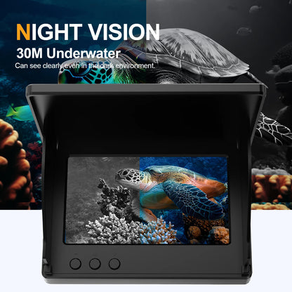 Underwater camera with night vision feature displaying a turtle and coral reef.