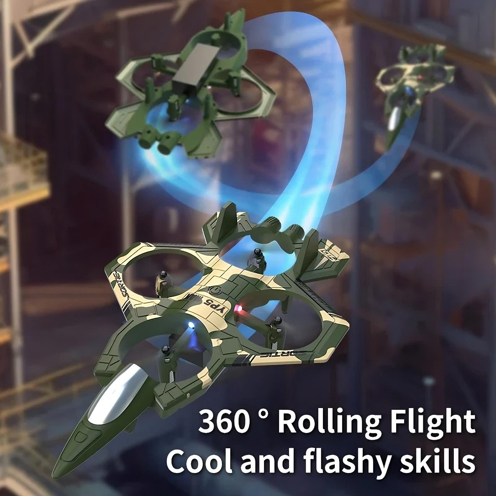 Toy drone with green and gold design in front of a blurred background