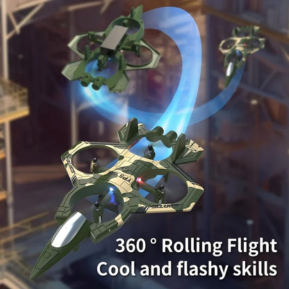 Toy drone with green and gold design in front of a blurred background