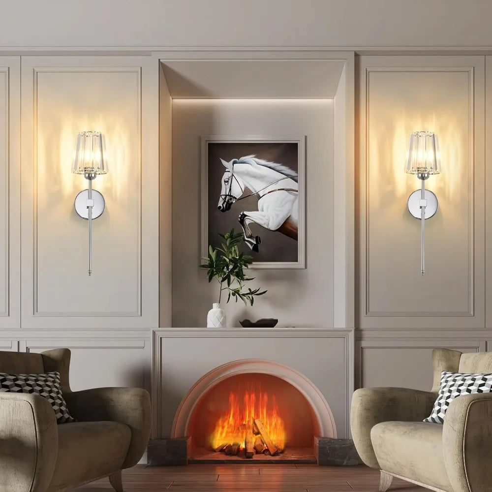 Living room with a fireplace, wall sconces, and a horse painting.