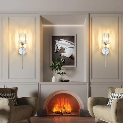 Living room with a fireplace, wall sconces, and a horse painting.