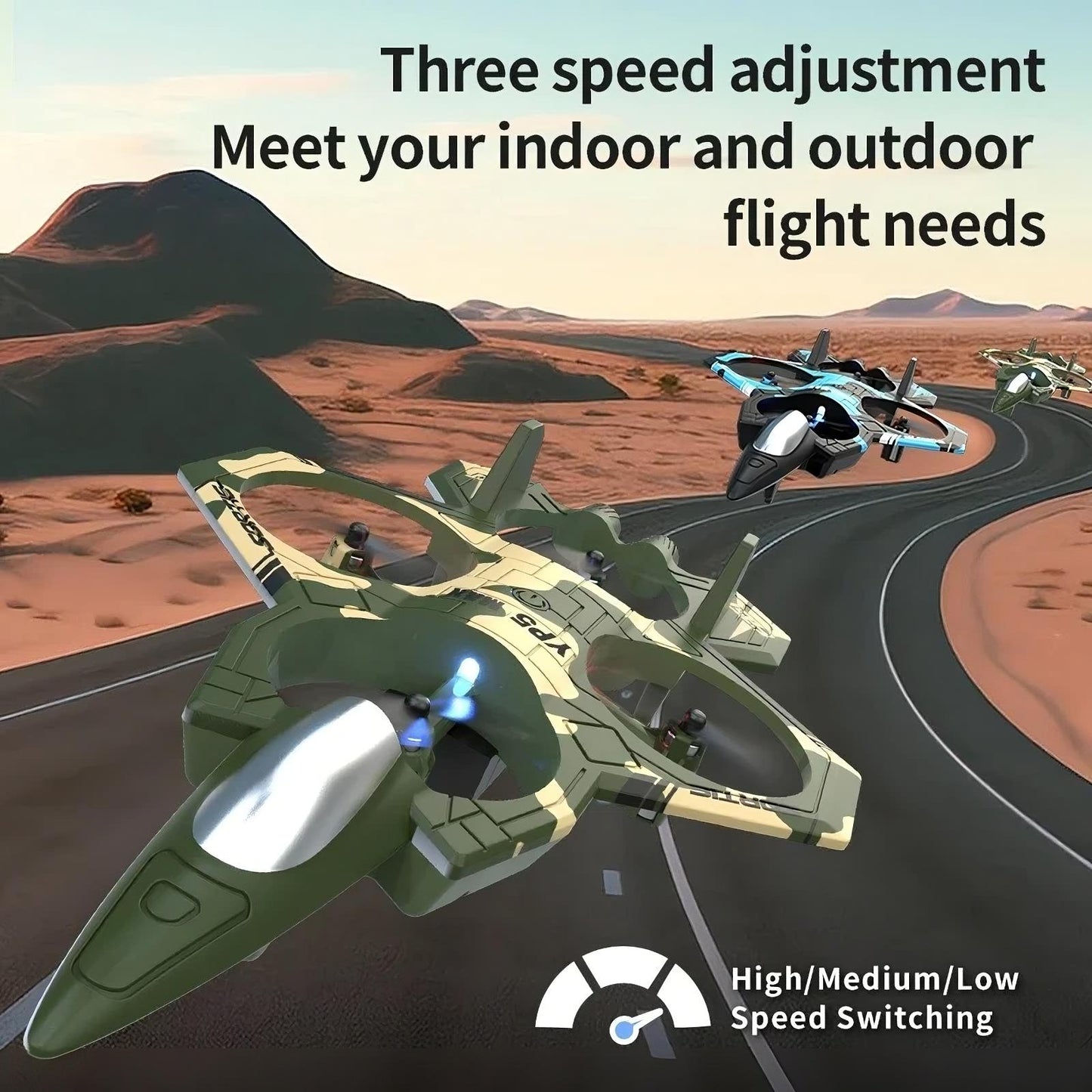 Toy spaceship model on a desert road with text about speed adjustment.