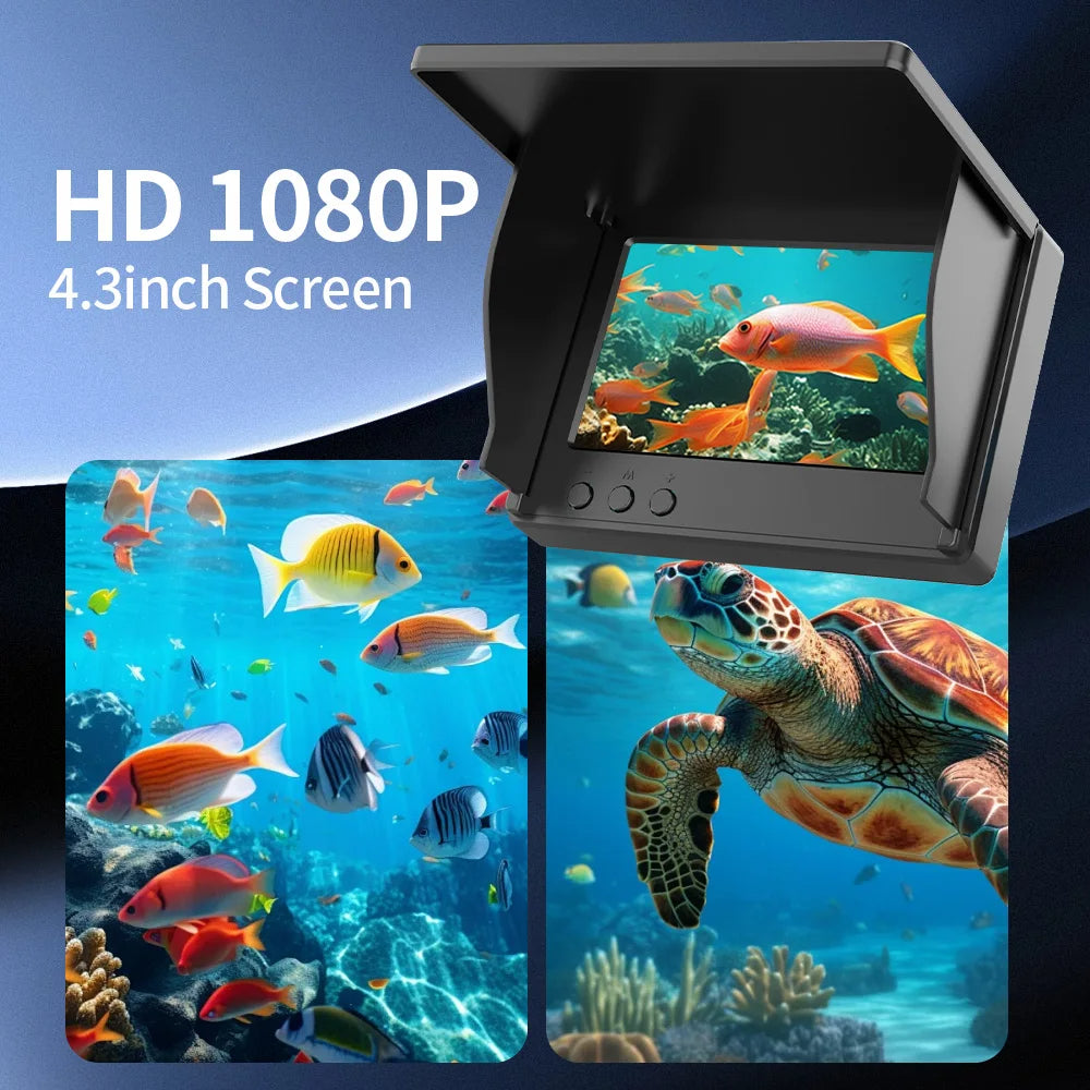 Small screen displaying an underwater scene with fish and a turtle, labeled HD 1080P and 4.3-inch screen.