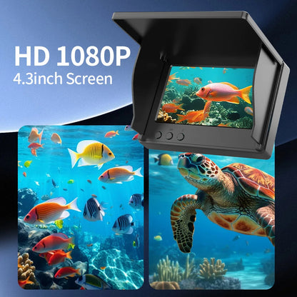 Small screen displaying an underwater scene with fish and a turtle, labeled HD 1080P and 4.3-inch screen.