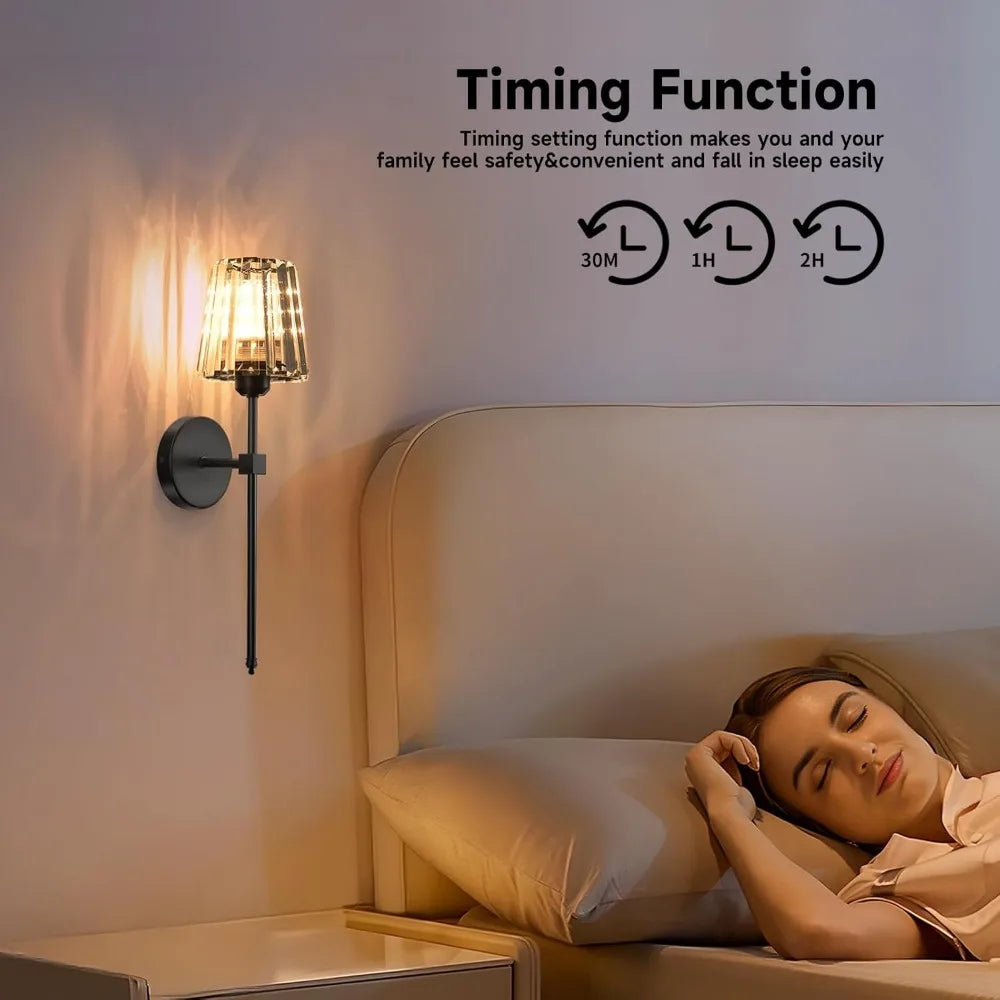 Woman lying in bed with a wall-mounted lamp and text about timing function on the wall.