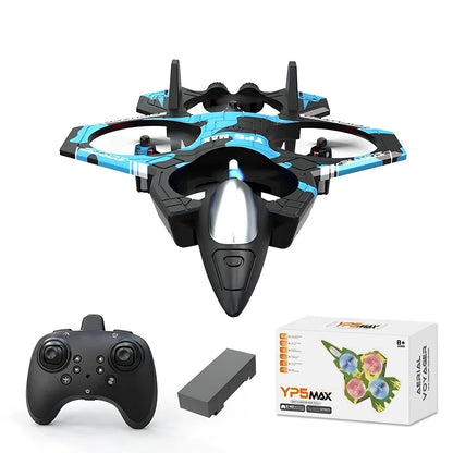 Black and blue drone with remote control and battery on a white background