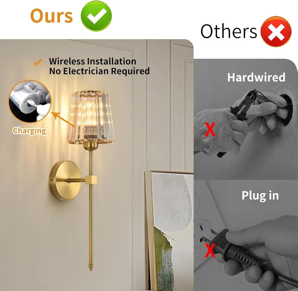 Comparison of wireless wall light installation with no electrician required versus hardwired installation.