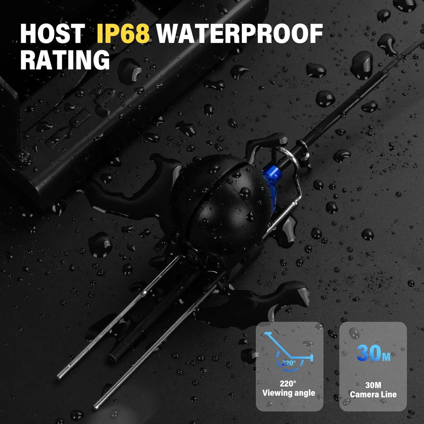 Black underwater camera with waterproof rating on a dark background