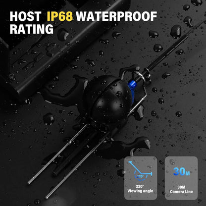 Black underwater camera with waterproof rating on a dark background