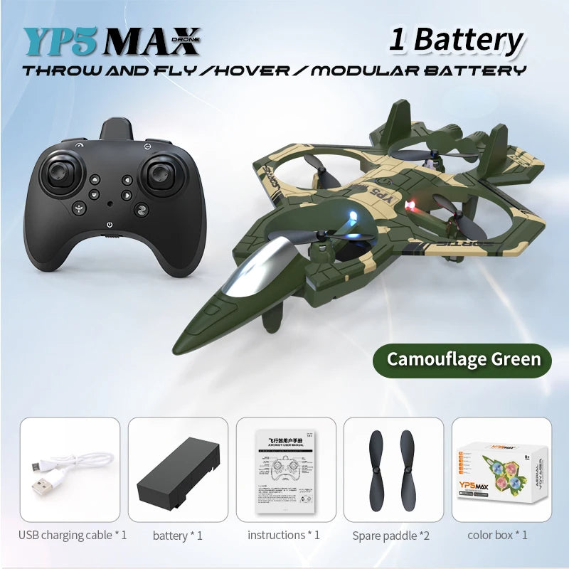 Camouflage green drone with remote control and accessories on a light blue background