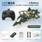 Camouflage green drone with remote control and accessories on a light blue background