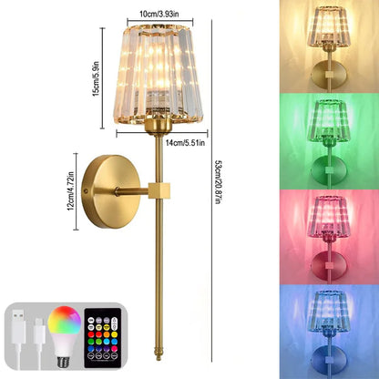 Wall-mounted lamp with RGB color-changing feature and remote control, showing dimensions and color options.