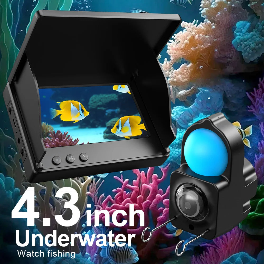 Underwater fishing camera with display and light on a coral reef background