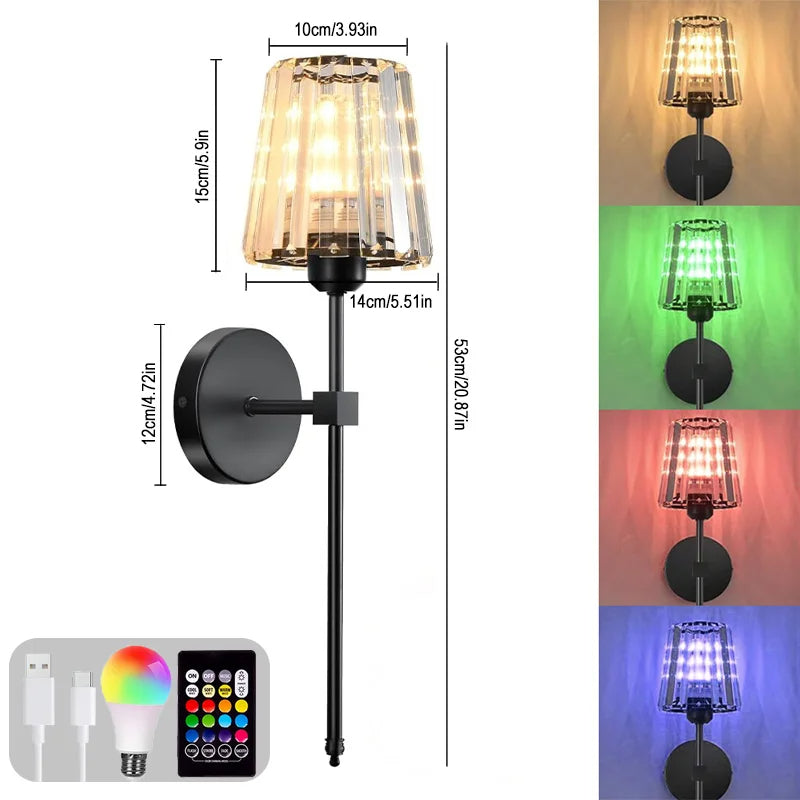 Wall-mounted light fixture with RGB color-changing feature and remote control.